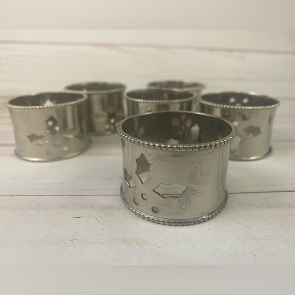 6x Holly Leaf Silver Metal Round Napkin Rings Holiday Christmas - Picture 4 of 4